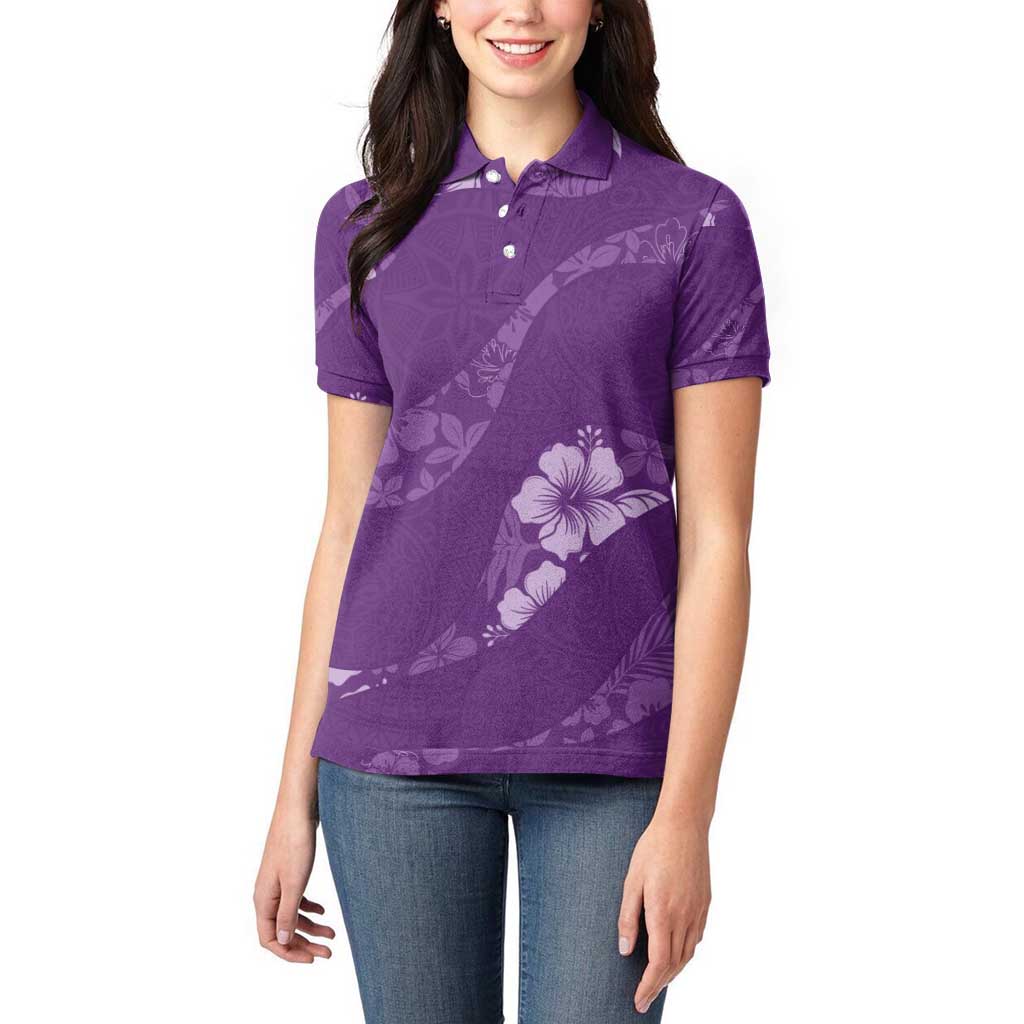 Aloha Hawaii Floral Tapa Women Polo Shirt Patchwork Violet - Polynesian Pride