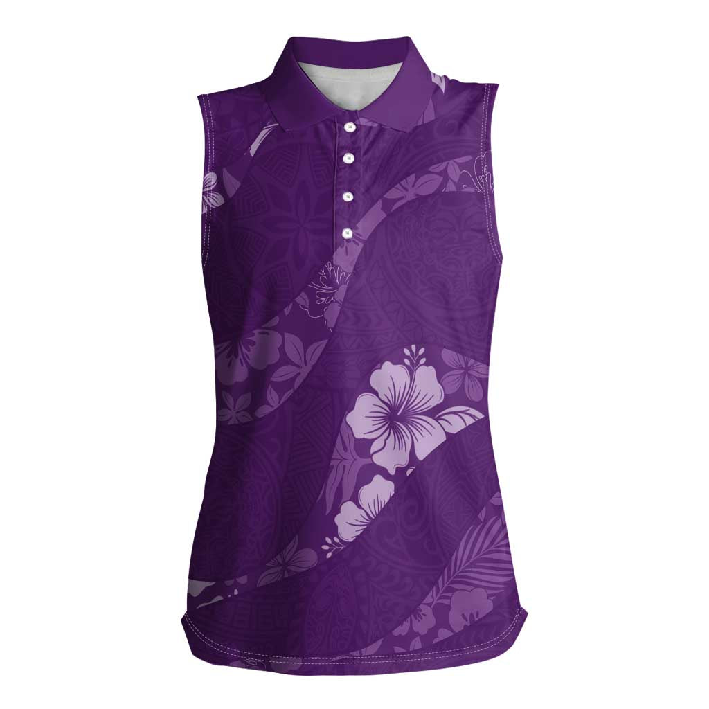 Aloha Hawaii Floral Tapa Women Sleeveless Polo Shirt Patchwork Violet - Polynesian Pride