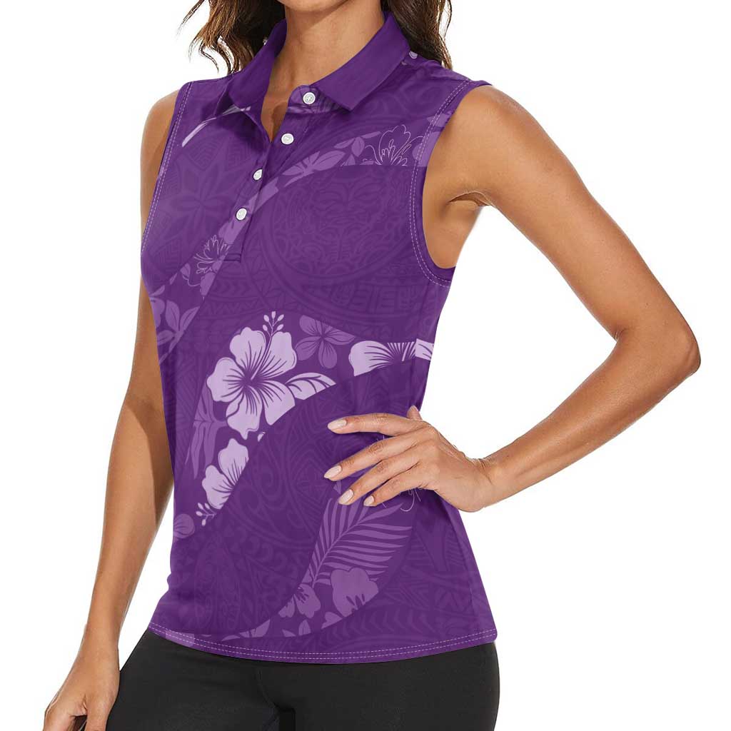 Aloha Hawaii Floral Tapa Women Sleeveless Polo Shirt Patchwork Violet - Polynesian Pride