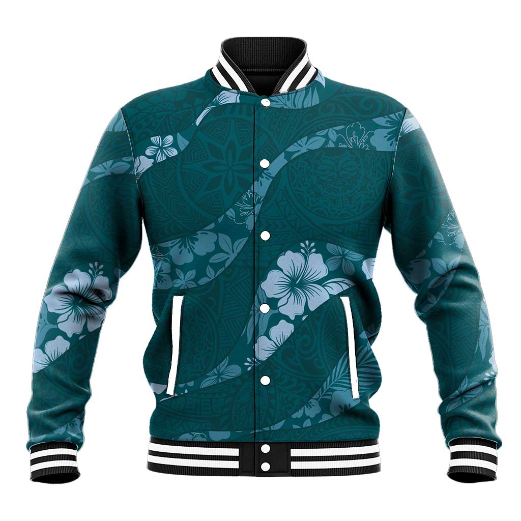 Aloha Hawaii Floral Tapa Baseball Jacket Patchwork Teal - Polynesian Pride
