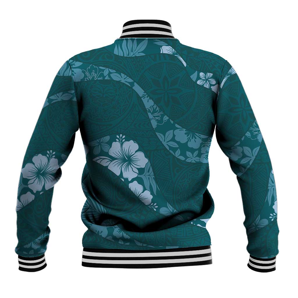 Aloha Hawaii Floral Tapa Baseball Jacket Patchwork Teal - Polynesian Pride