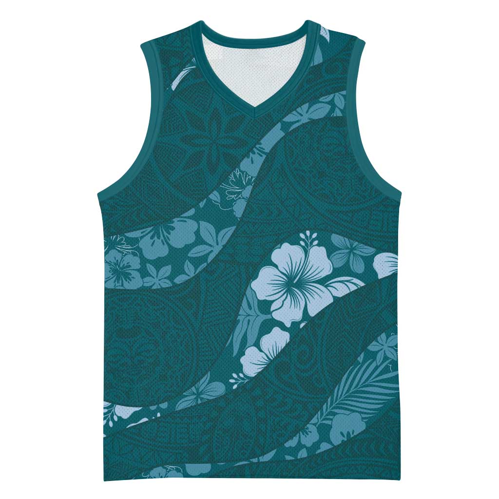 Aloha Hawaii Floral Tapa Basketball Jersey Patchwork Teal - Polynesian Pride