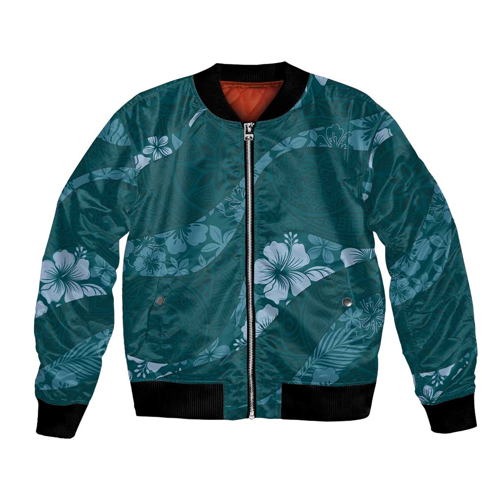 Aloha Hawaii Floral Tapa Bomber Jacket Patchwork Teal LT7 Unisex Teal - Polynesian Pride