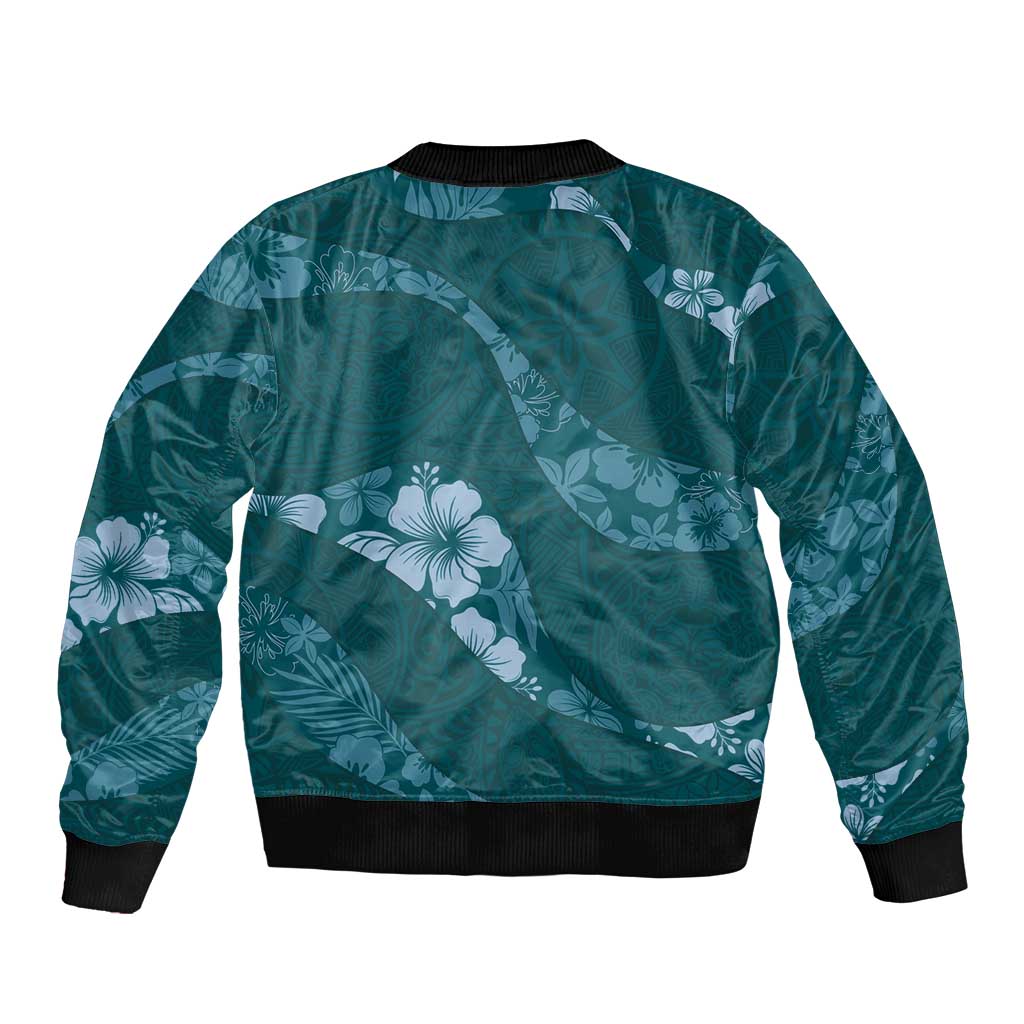Aloha Hawaii Floral Tapa Bomber Jacket Patchwork Teal LT7 - Polynesian Pride