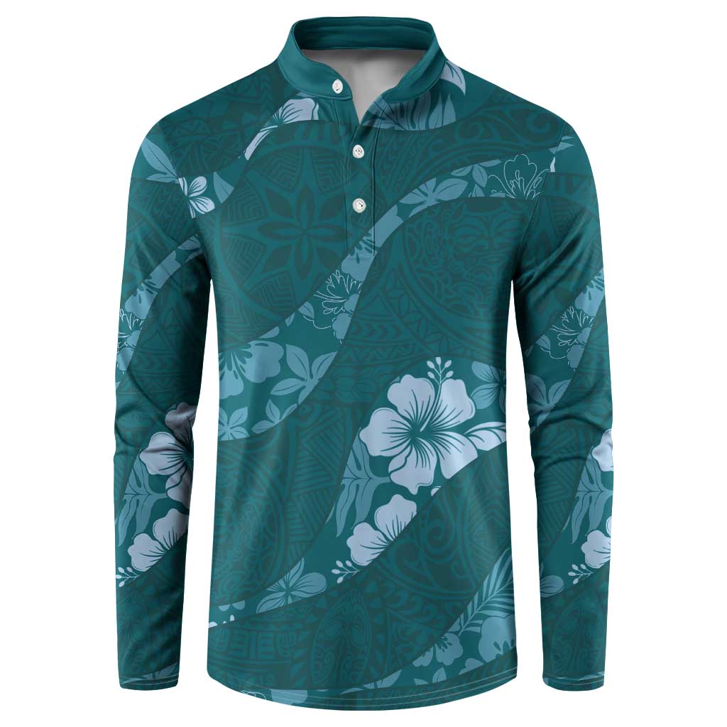 Aloha Hawaii Floral Tapa Button Sweatshirt Patchwork Teal - Polynesian Pride