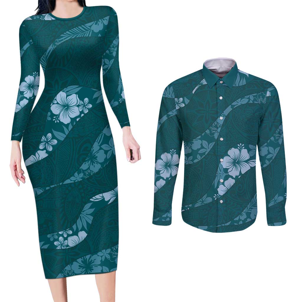 Aloha Hawaii Floral Tapa Couples Matching Long Sleeve Bodycon Dress and Long Sleeve Button Shirt Patchwork Teal - Polynesian Pride