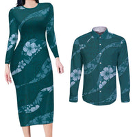 Aloha Hawaii Floral Tapa Couples Matching Long Sleeve Bodycon Dress and Long Sleeve Button Shirt Patchwork Teal - Polynesian Pride