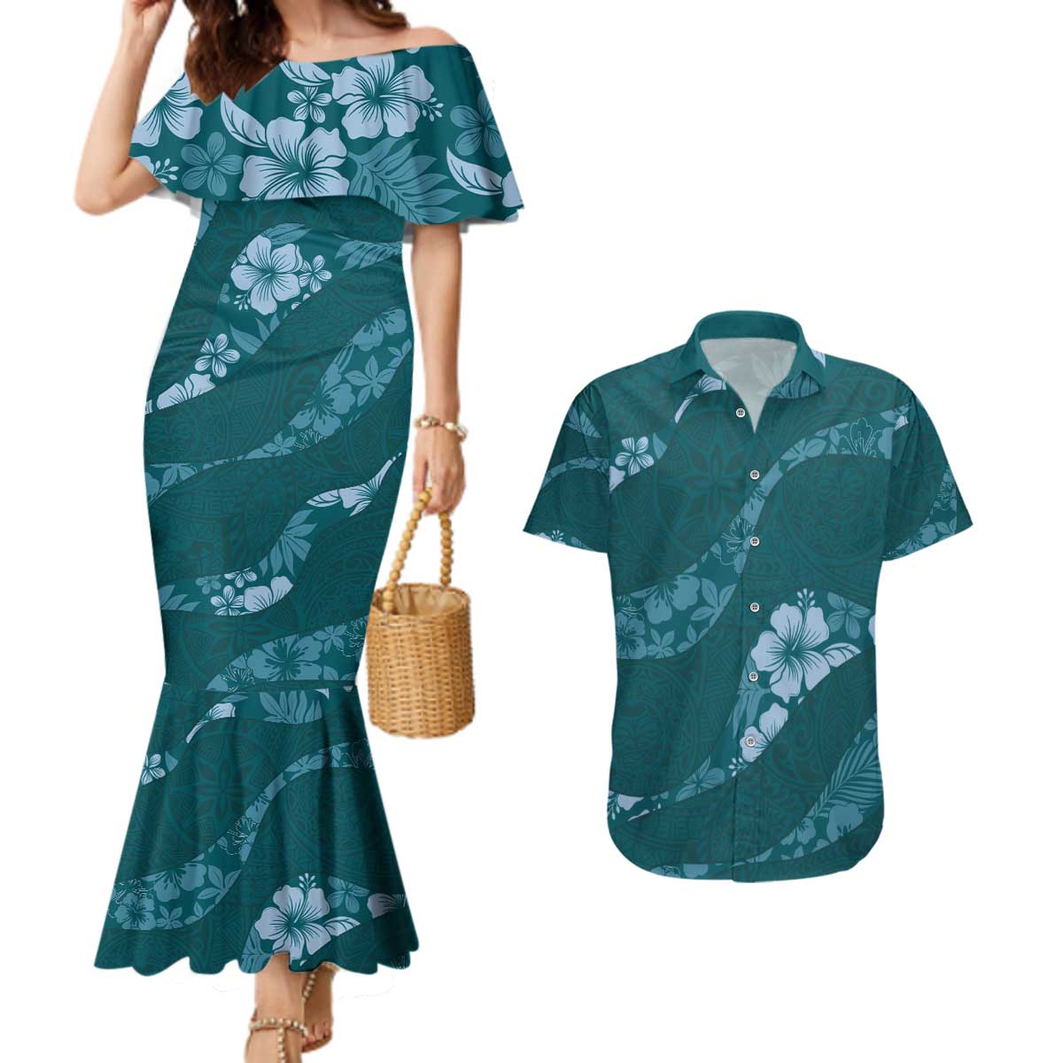 Aloha Hawaii Floral Tapa Couples Matching Mermaid Dress and Hawaiian Shirt Patchwork Teal - Polynesian Pride