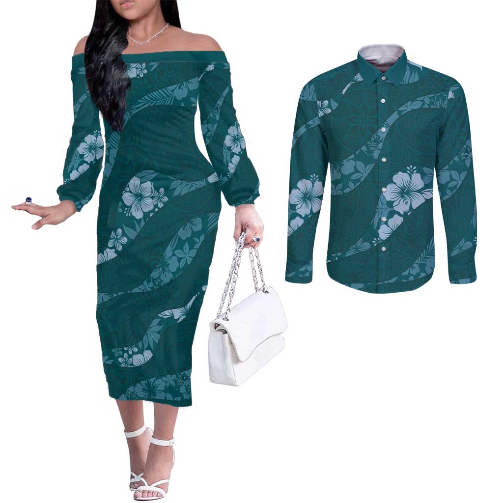Aloha Hawaii Floral Tapa Couples Matching Off The Shoulder Long Sleeve Dress and Long Sleeve Button Shirt Patchwork Teal - Polynesian Pride