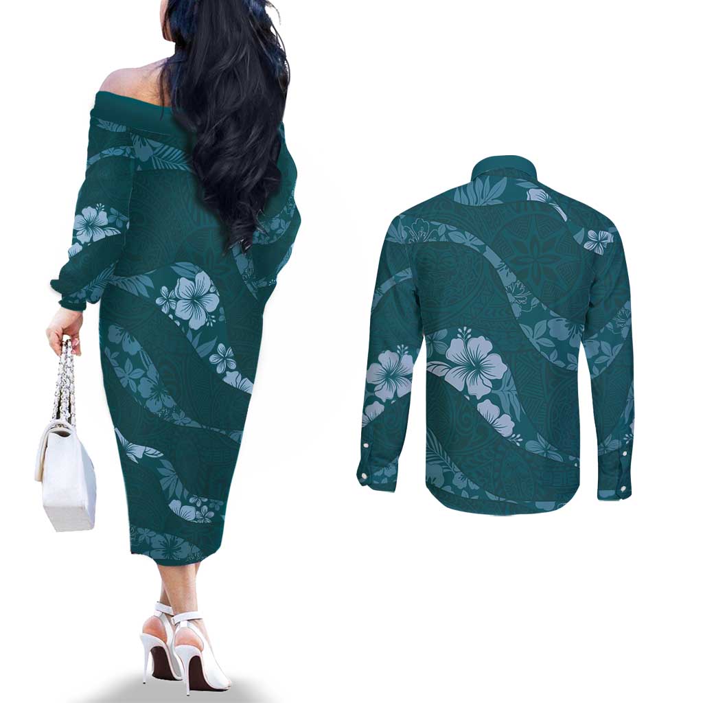 Aloha Hawaii Floral Tapa Couples Matching Off The Shoulder Long Sleeve Dress and Long Sleeve Button Shirt Patchwork Teal - Polynesian Pride