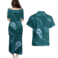 Aloha Hawaii Floral Tapa Couples Matching Puletasi and Hawaiian Shirt Patchwork Teal - Polynesian Pride