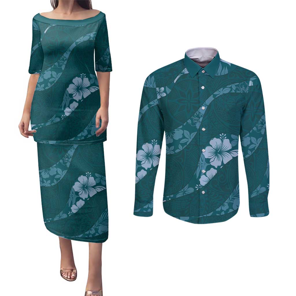 Aloha Hawaii Floral Tapa Couples Matching Puletasi and Long Sleeve Button Shirt Patchwork Teal - Polynesian Pride