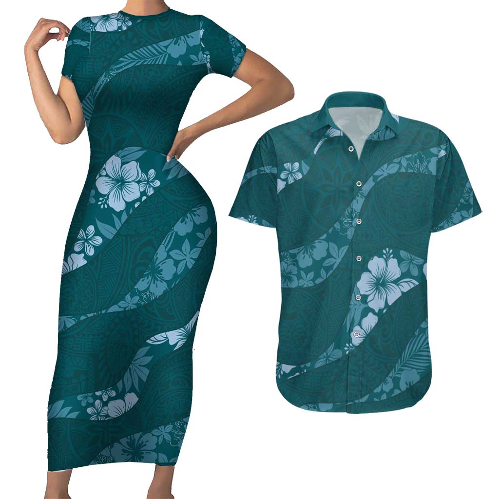 Aloha Hawaii Floral Tapa Couples Matching Short Sleeve Bodycon Dress and Hawaiian Shirt Patchwork Teal - Polynesian Pride