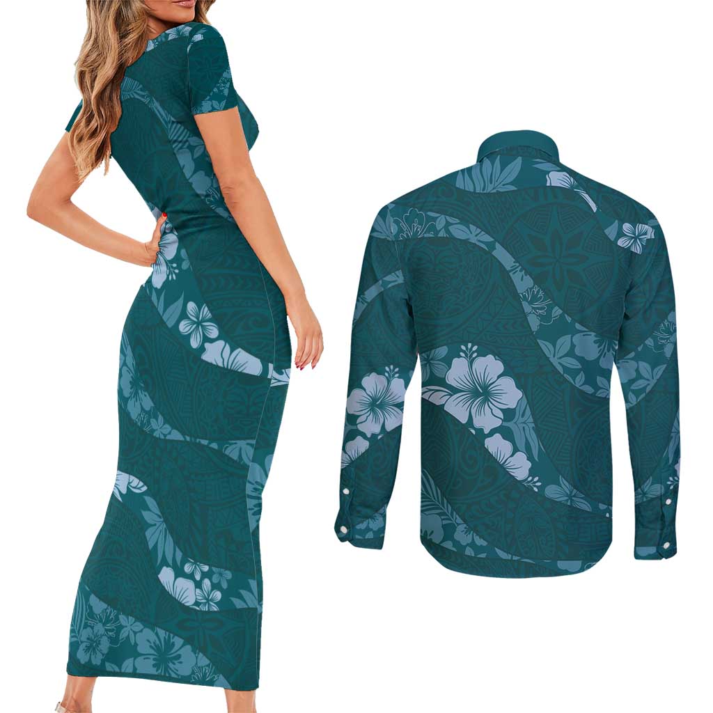 Aloha Hawaii Floral Tapa Couples Matching Short Sleeve Bodycon Dress and Long Sleeve Button Shirt Patchwork Teal - Polynesian Pride
