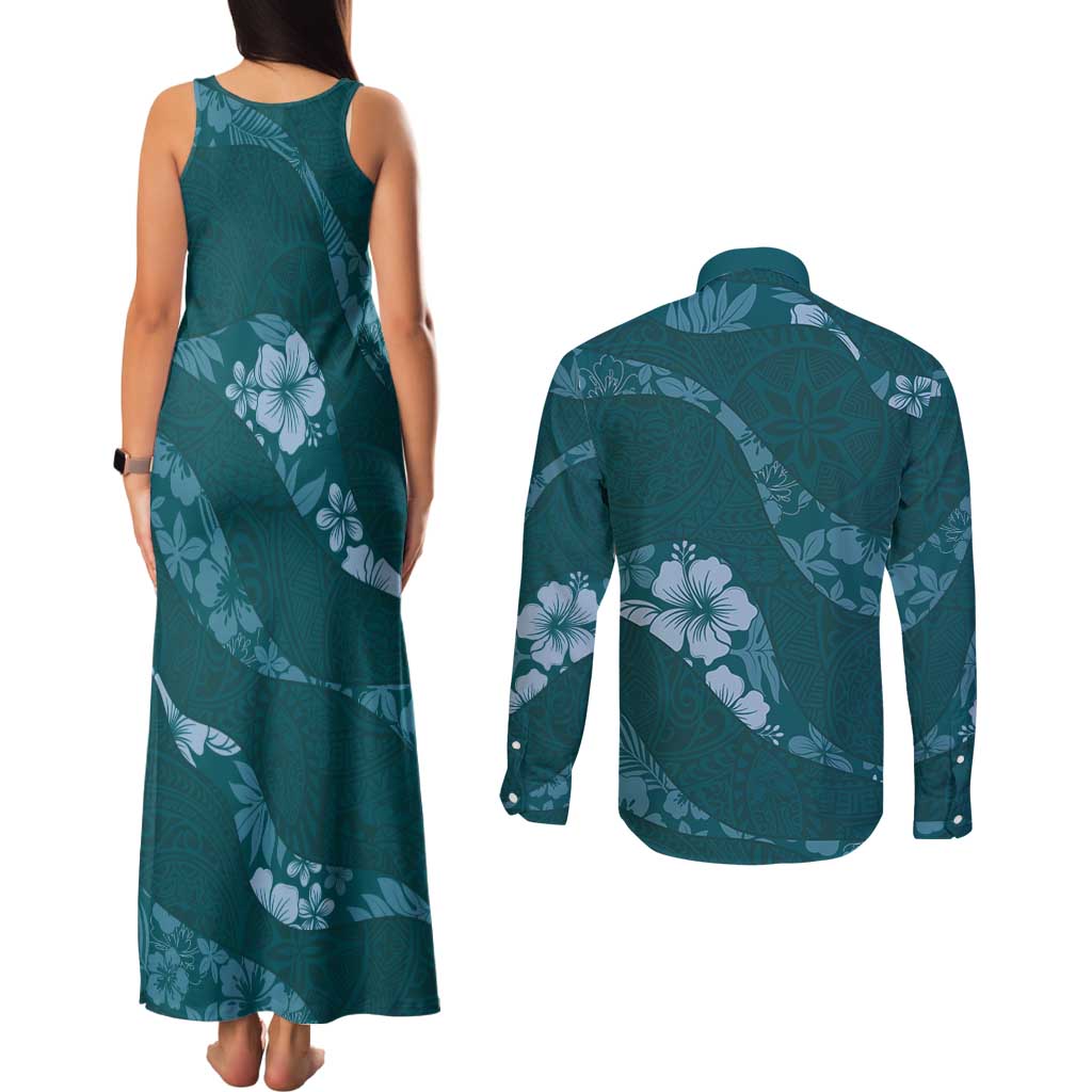 Aloha Hawaii Floral Tapa Couples Matching Tank Maxi Dress and Long Sleeve Button Shirt Patchwork Teal - Polynesian Pride