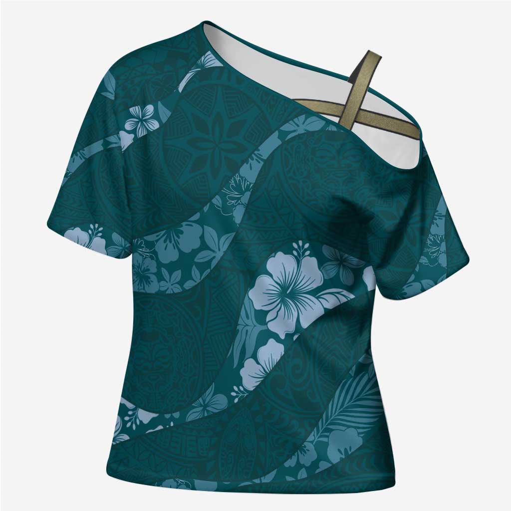 Aloha Hawaii Floral Tapa Cross Shoulder Shirt Patchwork Teal - Polynesian Pride