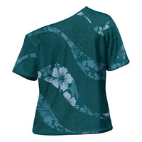 Aloha Hawaii Floral Tapa Cross Shoulder Shirt Patchwork Teal - Polynesian Pride