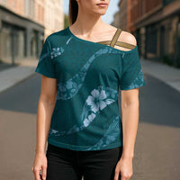 Aloha Hawaii Floral Tapa Cross Shoulder Shirt Patchwork Teal - Polynesian Pride