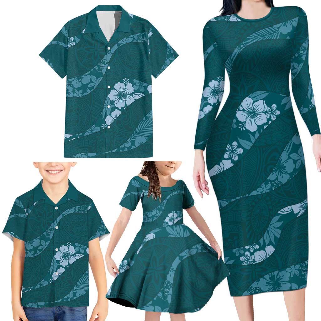 Aloha Hawaii Floral Tapa Family Matching Long Sleeve Bodycon Dress and Hawaiian Shirt Patchwork Teal - Polynesian Pride