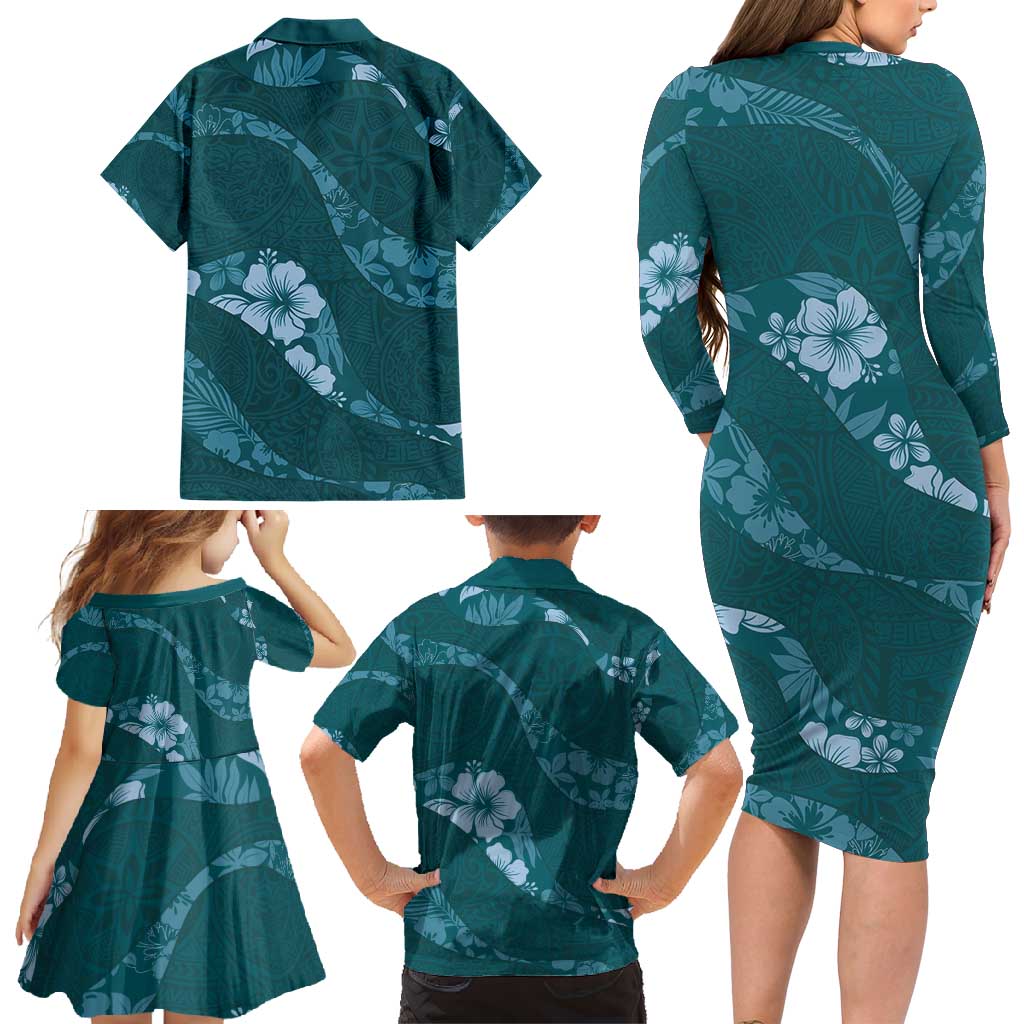 Aloha Hawaii Floral Tapa Family Matching Long Sleeve Bodycon Dress and Hawaiian Shirt Patchwork Teal - Polynesian Pride