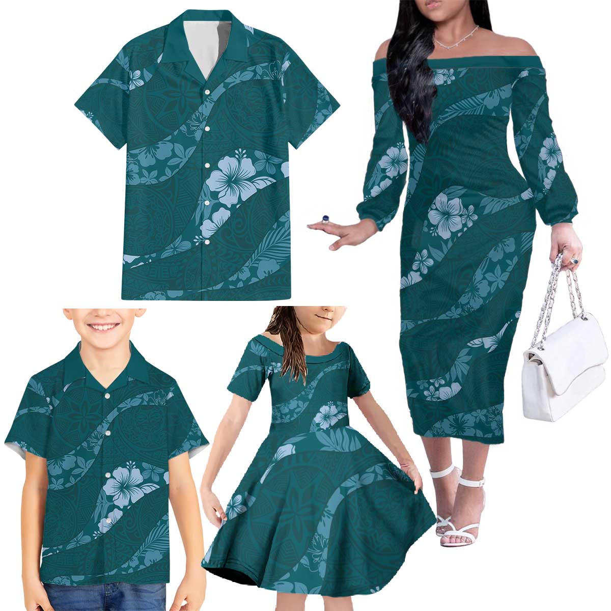 Aloha Hawaii Floral Tapa Family Matching Off The Shoulder Long Sleeve Dress and Hawaiian Shirt Patchwork Teal - Polynesian Pride