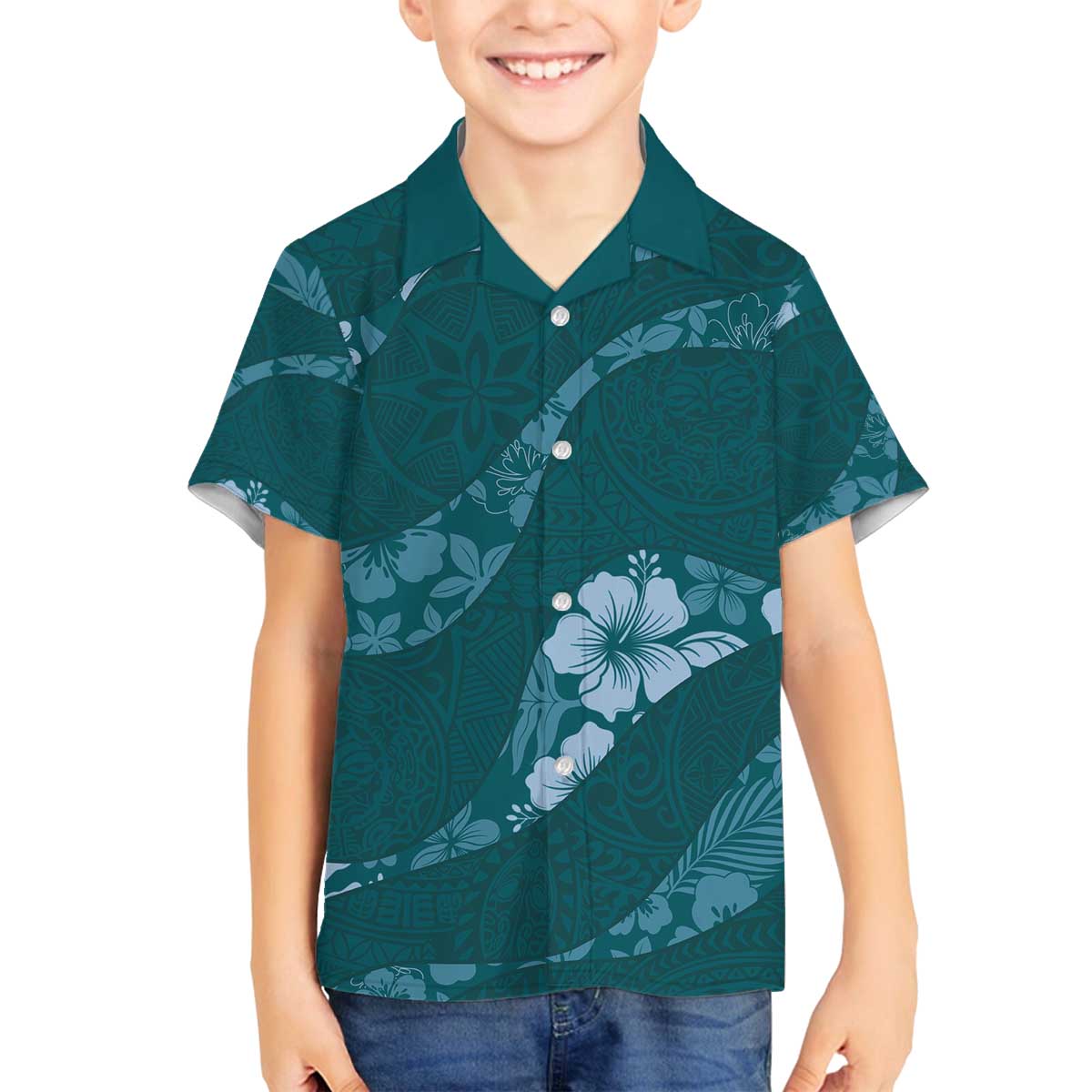 Aloha Hawaii Floral Tapa Family Matching Off The Shoulder Long Sleeve Dress and Hawaiian Shirt Patchwork Teal - Polynesian Pride