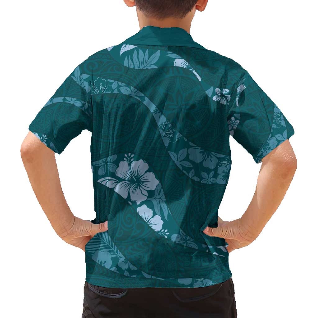 Aloha Hawaii Floral Tapa Family Matching Off Shoulder Short Dress and Hawaiian Shirt Patchwork Teal - Polynesian Pride