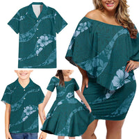 Aloha Hawaii Floral Tapa Family Matching Off Shoulder Short Dress and Hawaiian Shirt Patchwork Teal - Polynesian Pride
