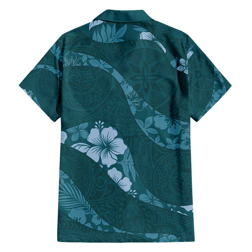 Aloha Hawaii Floral Tapa Family Matching Off Shoulder Short Dress and Hawaiian Shirt Patchwork Teal - Polynesian Pride