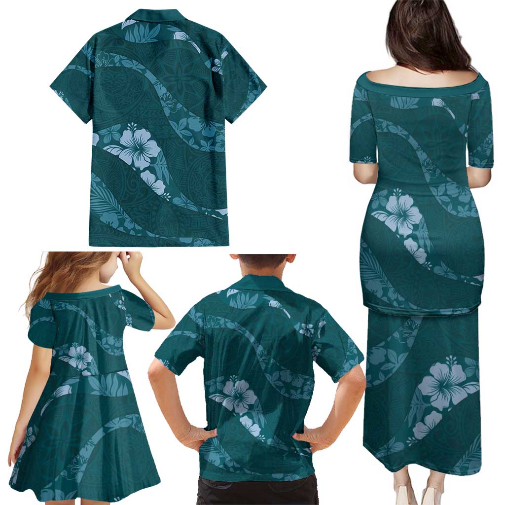 Aloha Hawaii Floral Tapa Family Matching Puletasi and Hawaiian Shirt Patchwork Teal - Polynesian Pride
