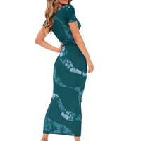 Aloha Hawaii Floral Tapa Family Matching Short Sleeve Bodycon Dress and Hawaiian Shirt Patchwork Teal - Polynesian Pride