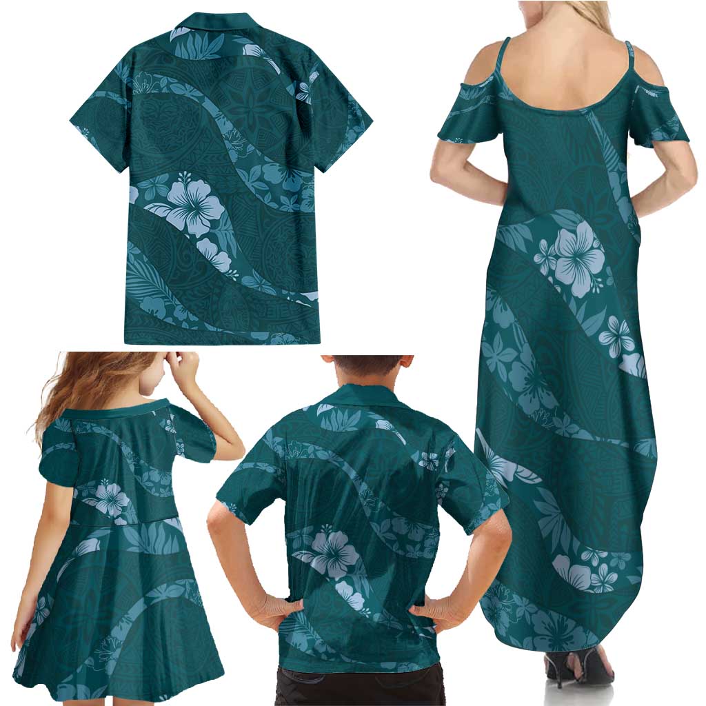 Aloha Hawaii Floral Tapa Family Matching Summer Maxi Dress and Hawaiian Shirt Patchwork Teal - Polynesian Pride