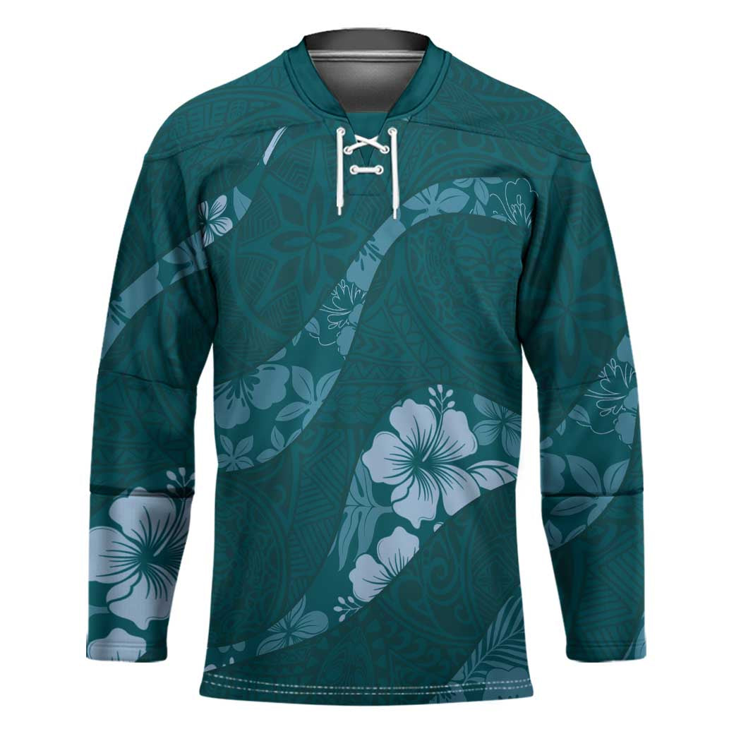 Aloha Hawaii Floral Tapa Hockey Jersey Patchwork Teal LT7 Unisex Teal - Polynesian Pride