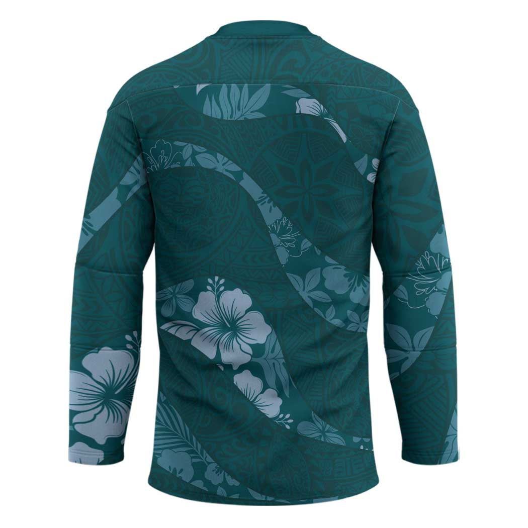 Aloha Hawaii Floral Tapa Hockey Jersey Patchwork Teal LT7 - Polynesian Pride