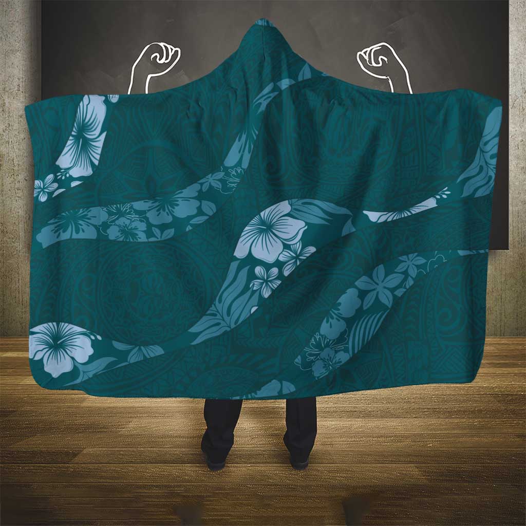 Aloha Hawaii Floral Tapa Hooded Blanket Patchwork Teal - Polynesian Pride