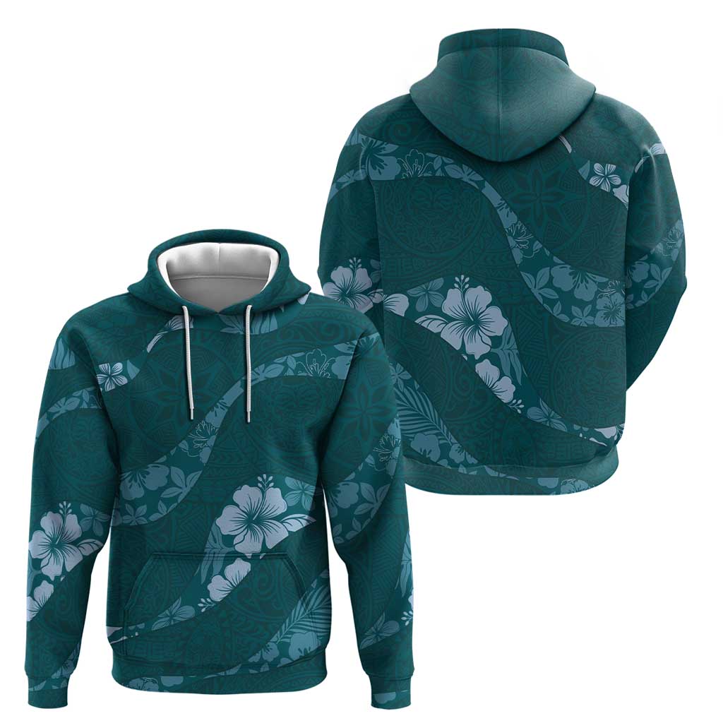Aloha Hawaii Floral Tapa Hoodie Patchwork Teal - Polynesian Pride