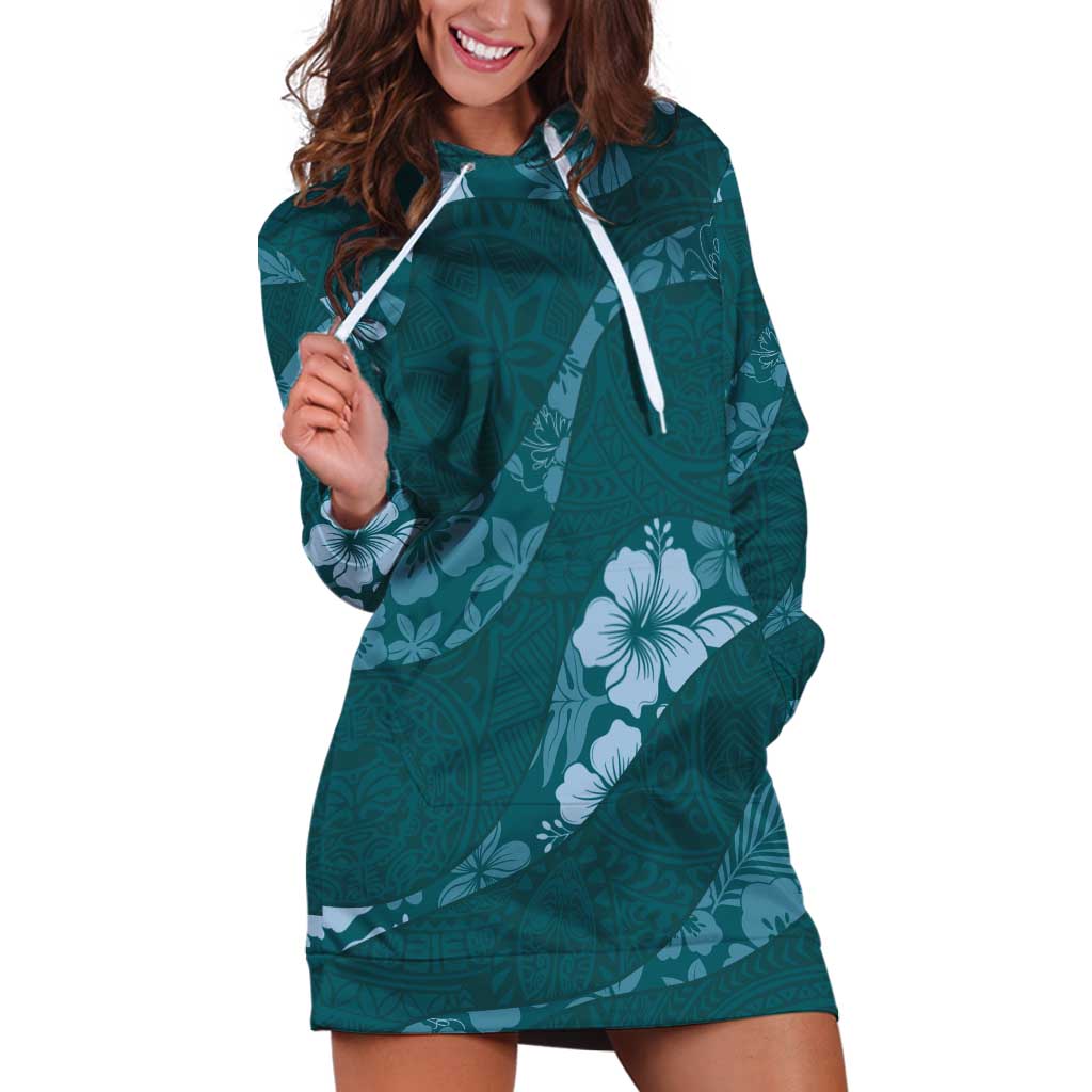 Aloha Hawaii Floral Tapa Hoodie Dress Patchwork Teal - Polynesian Pride