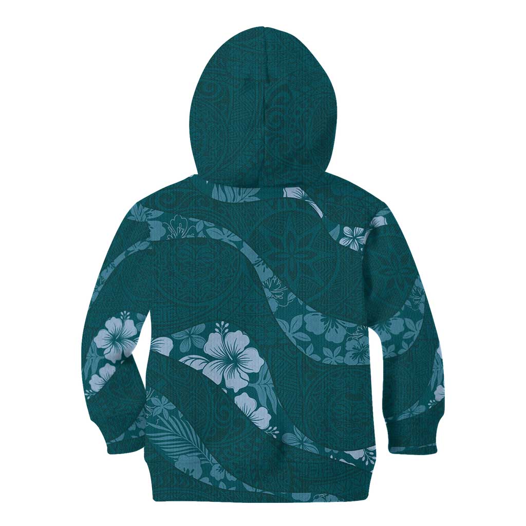 Aloha Hawaii Floral Tapa Kid Hoodie Patchwork Teal - Polynesian Pride