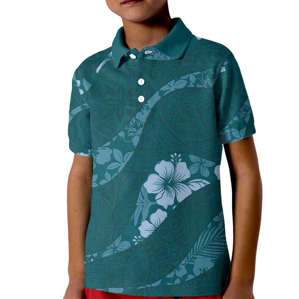 Aloha Hawaii Floral Tapa Kid Polo Shirt Patchwork Teal - Polynesian Pride