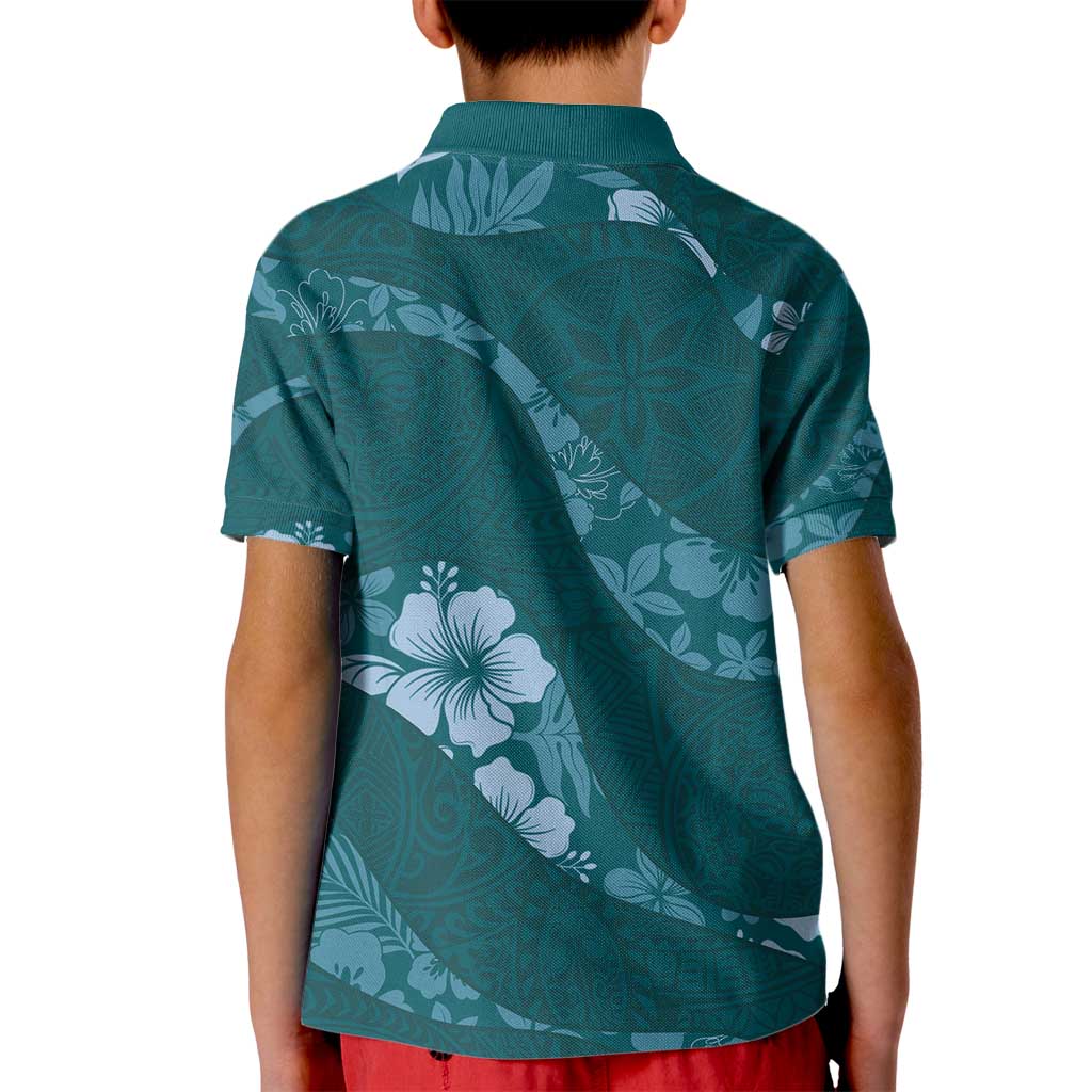 Aloha Hawaii Floral Tapa Kid Polo Shirt Patchwork Teal - Polynesian Pride