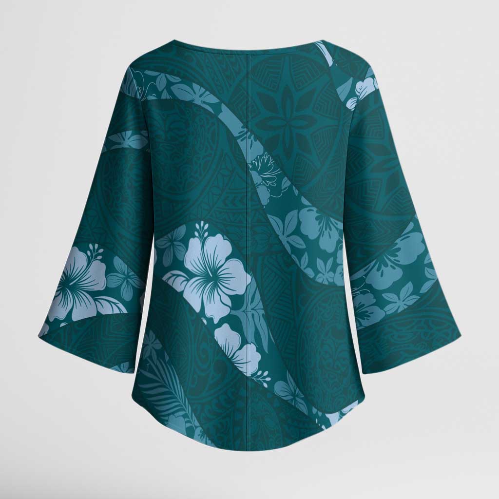 Aloha Hawaii Floral Tapa Kimono Sleeve Blouse Patchwork Teal - Polynesian Pride