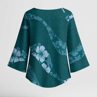 Aloha Hawaii Floral Tapa Kimono Sleeve Blouse Patchwork Teal - Polynesian Pride