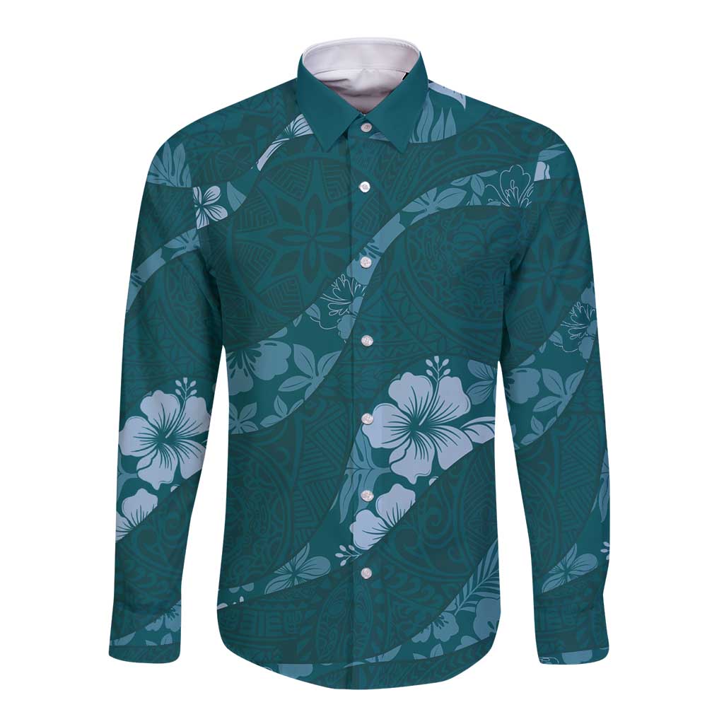 Aloha Hawaii Floral Tapa Long Sleeve Button Shirt Patchwork Teal - Polynesian Pride