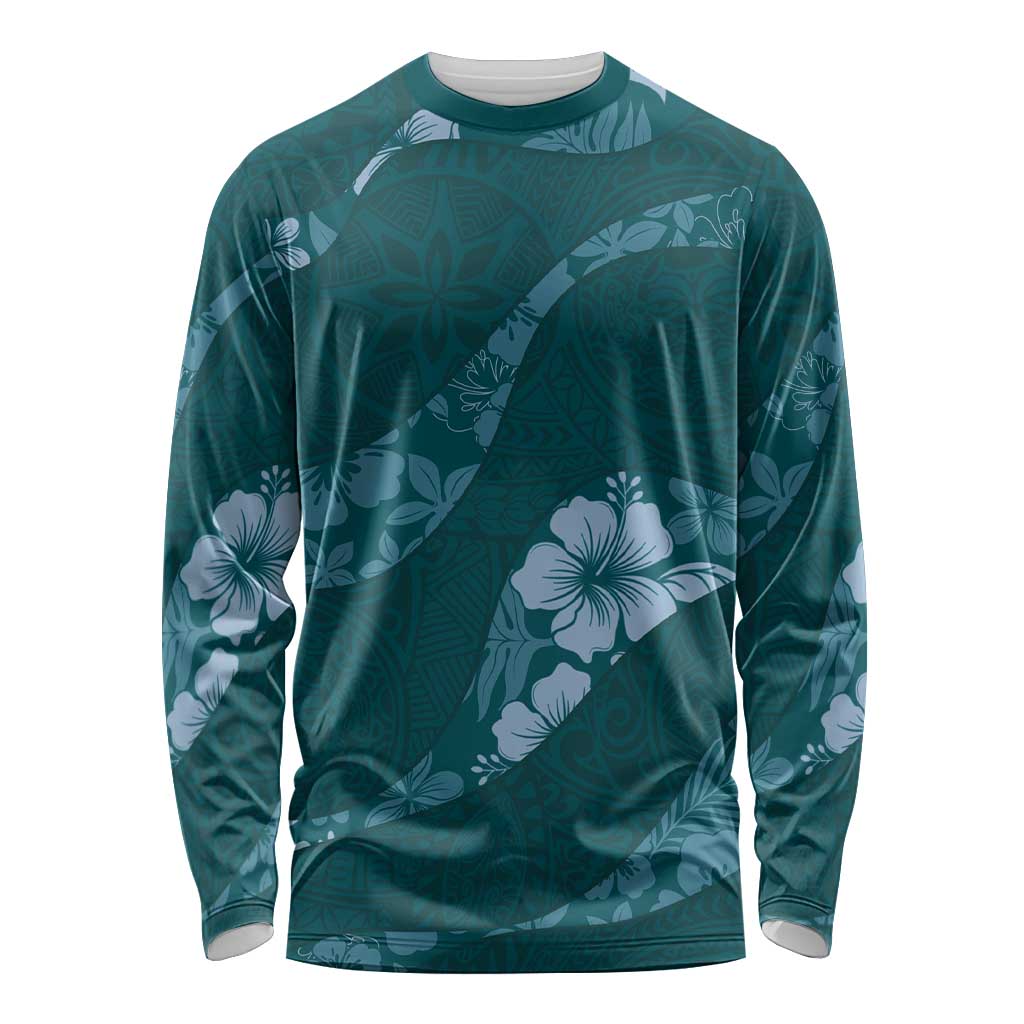 Aloha Hawaii Floral Tapa Long Sleeve Shirt Patchwork Teal - Polynesian Pride