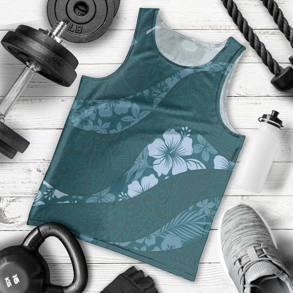 Aloha Hawaii Floral Tapa Men Tank Top Patchwork Teal - Polynesian Pride