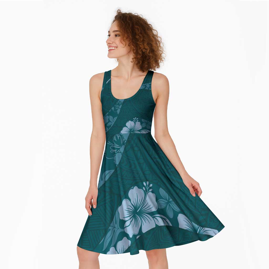 Aloha Hawaii Floral Tapa Midi Dress Patchwork Teal - Polynesian Pride