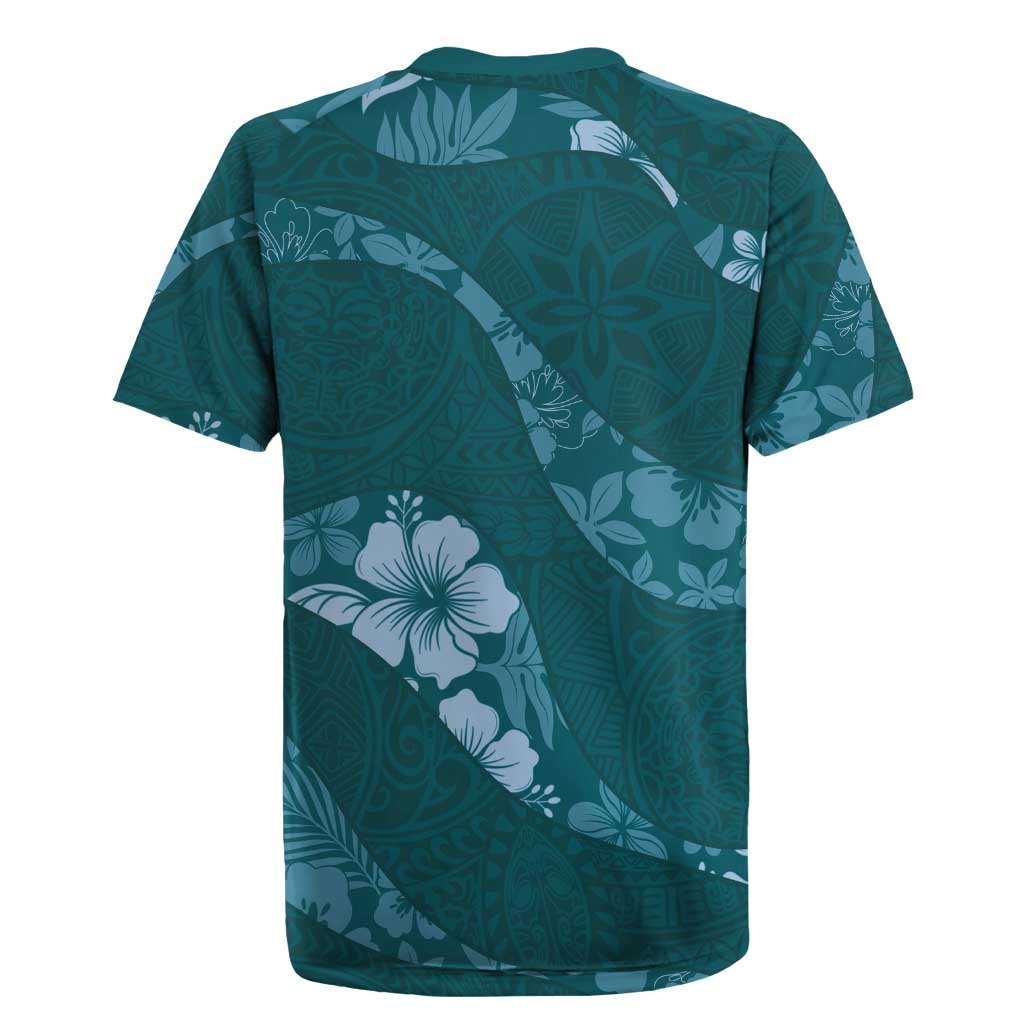 Aloha Hawaii Floral Tapa Rugby Jersey Patchwork Teal - Polynesian Pride