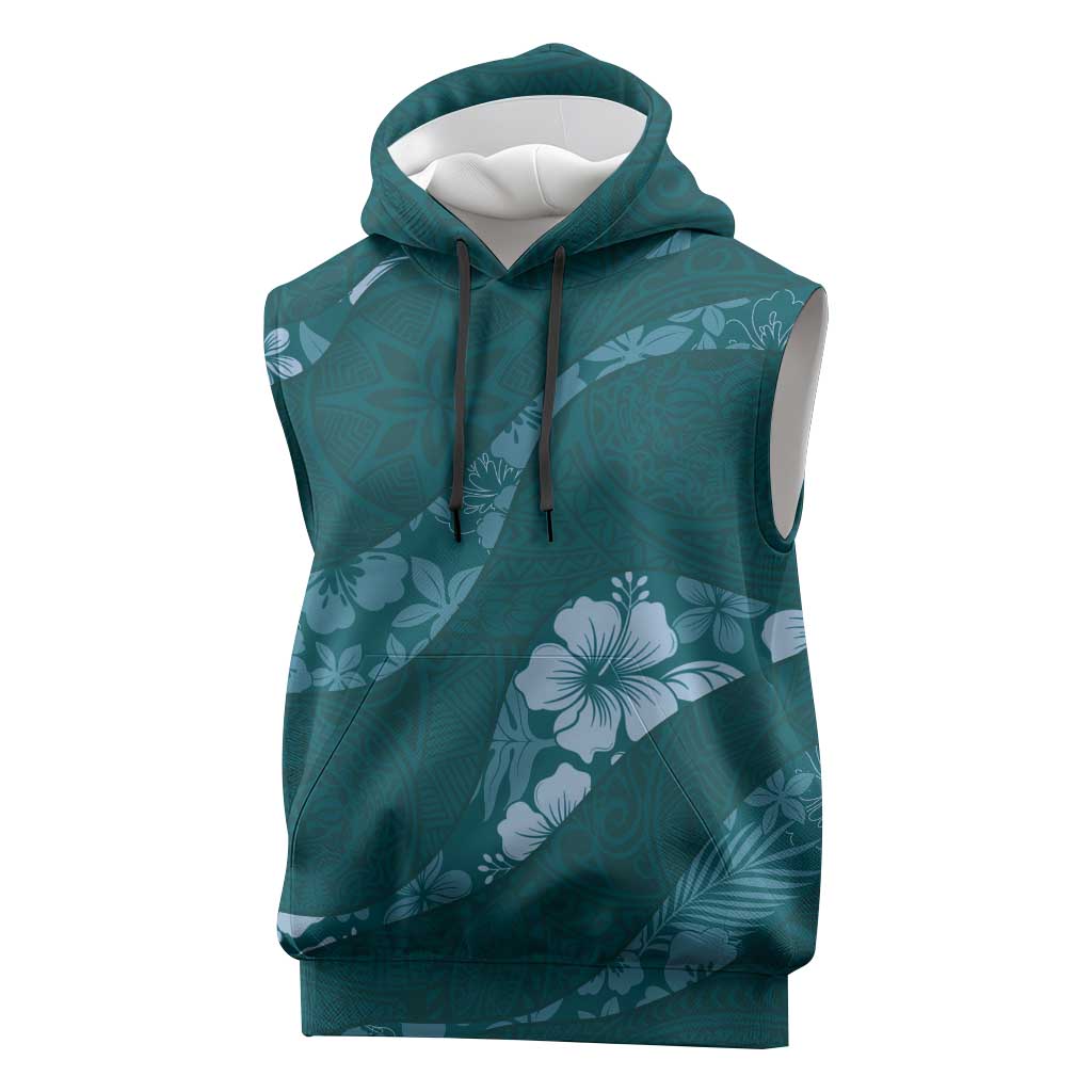 Aloha Hawaii Floral Tapa Sleeveless Hoodie Patchwork Teal - Polynesian Pride