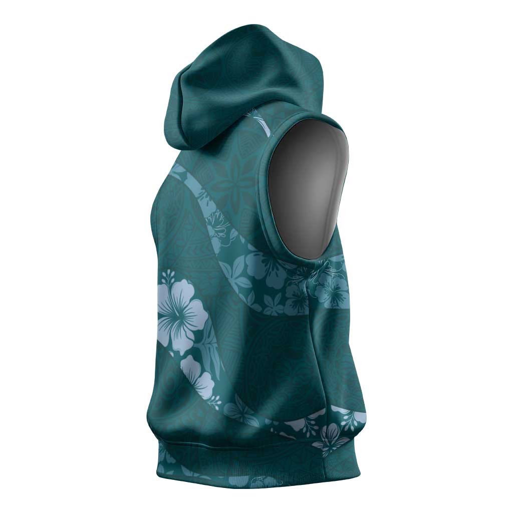 Aloha Hawaii Floral Tapa Sleeveless Hoodie Patchwork Teal - Polynesian Pride