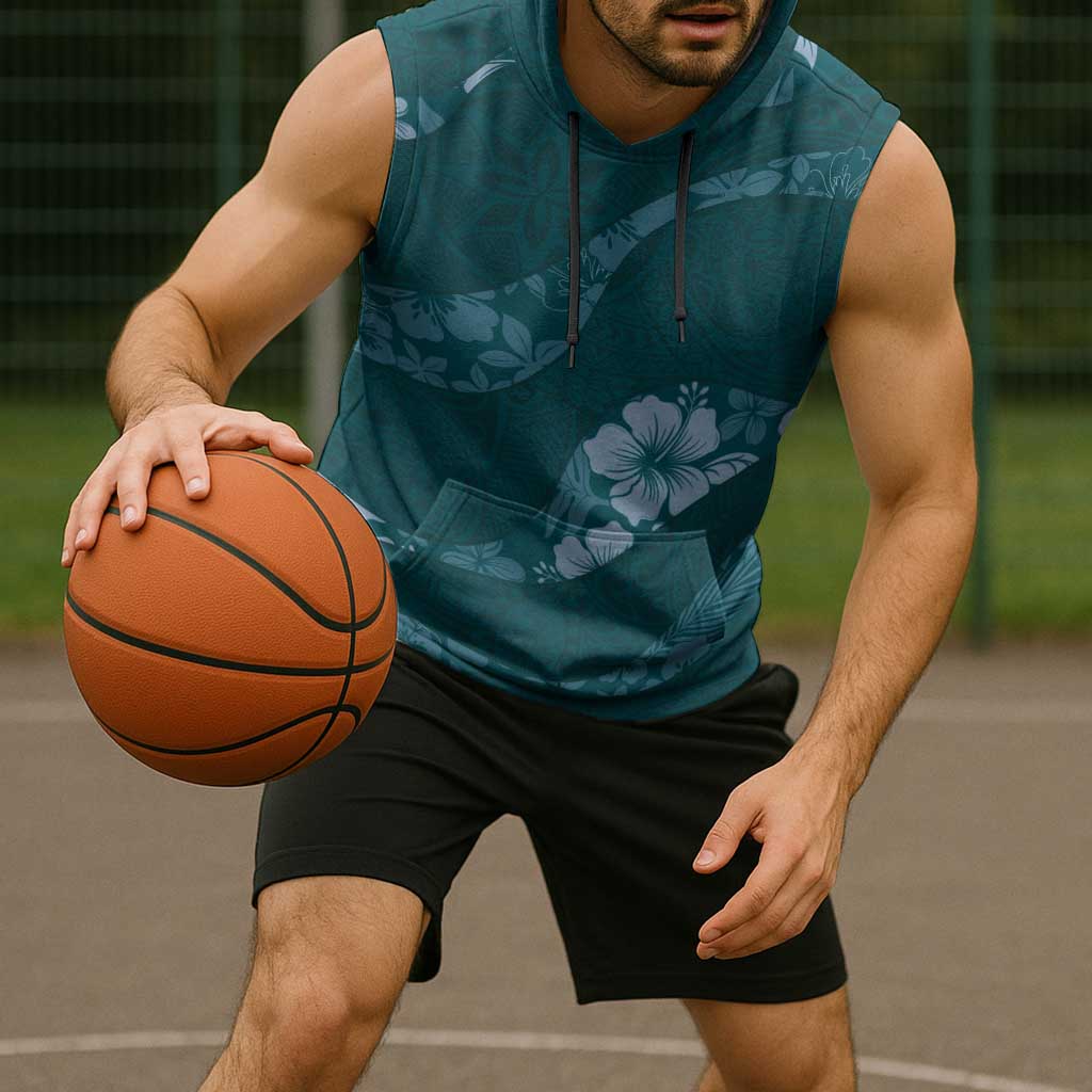 Aloha Hawaii Floral Tapa Sleeveless Hoodie Patchwork Teal - Polynesian Pride